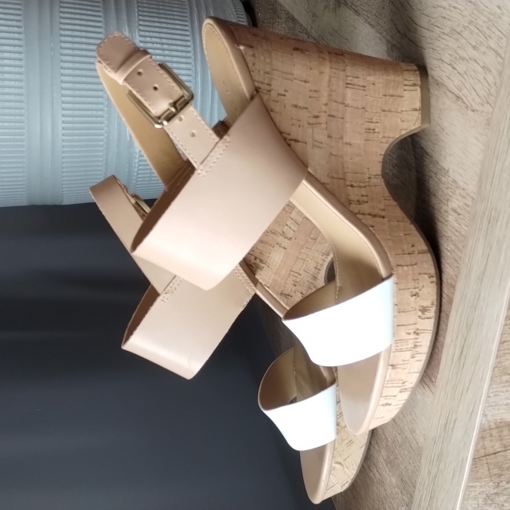 Franko Sarto nude and white chunky strap wedge heels